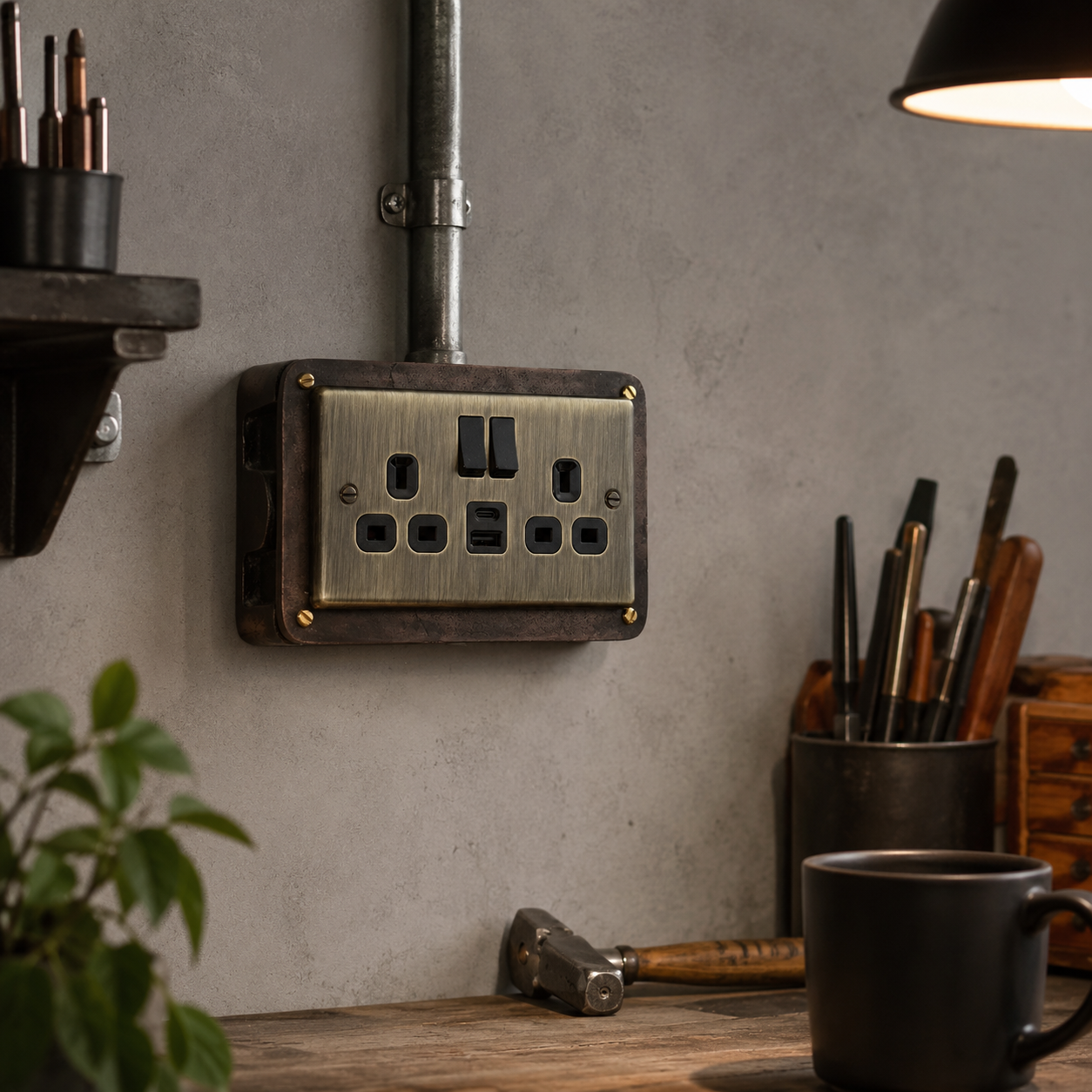 Antique Brass Double Switched Antique Copper Solid Cast Metal Conduit 2-Gang Socket + 2 Outlet Type A & C USB Charger