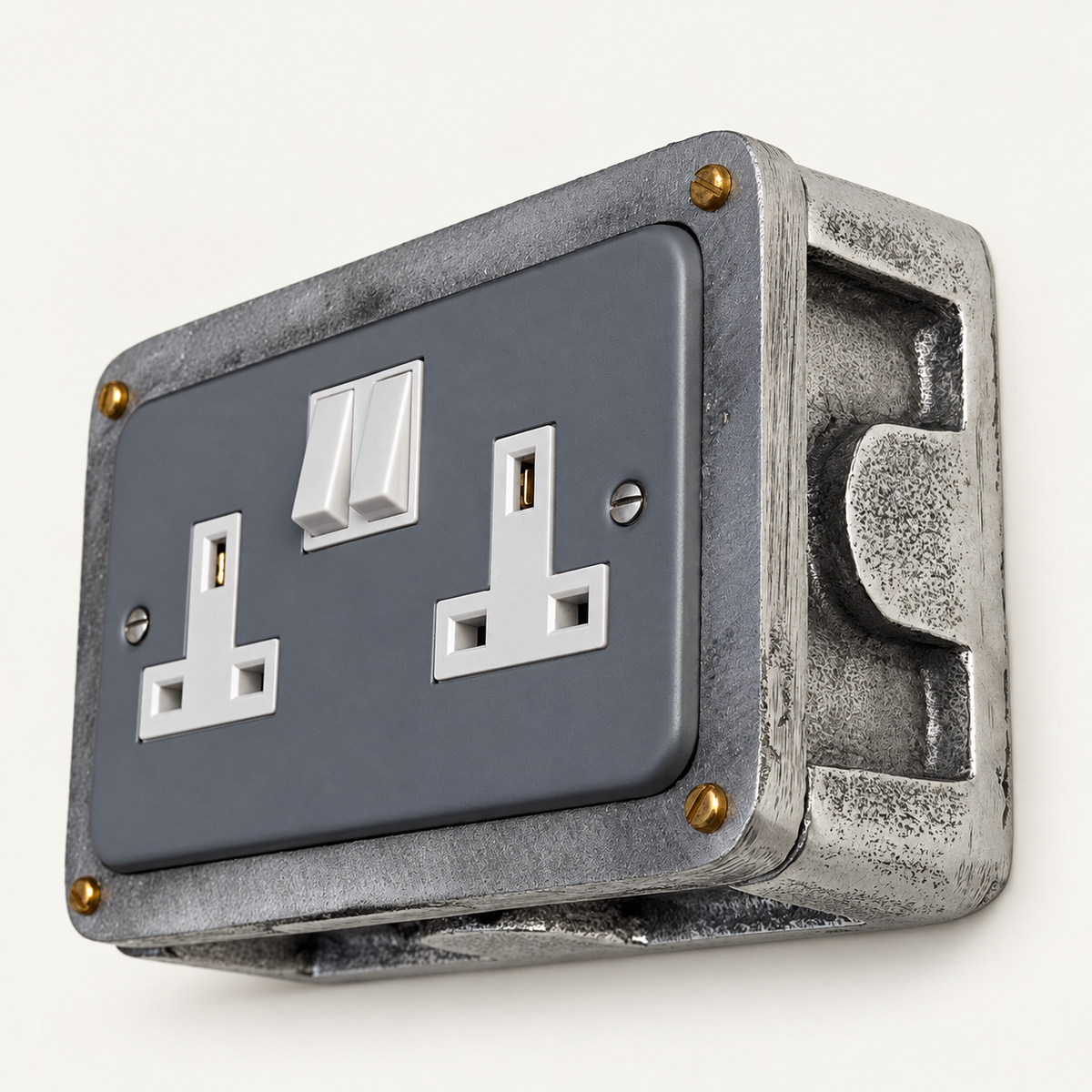 Grey Metal Clad Double Switched 13A Power Socket 230V Industrial Conduit