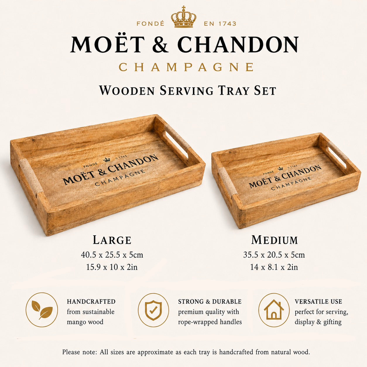 Wooden Serving Trays Moët & Chandon Champagne Butlers Crates Storage Boxes Natural Finish