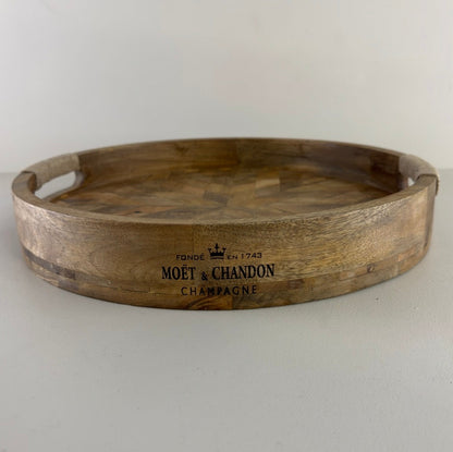 Moët & Chandon Champagne Medium Round Wooden Serving Tray Natural Wooden Patchwork