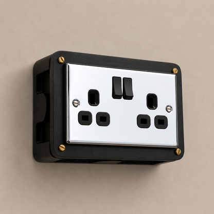 Black Double Switched Black Nickel Power Socket 230V 2 Gang Solid Cast Metal Conduit Switch