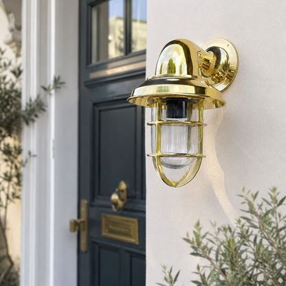 Wells - Solid Brass Caged Swan Neck Outdoor & Bathroom Wall Light