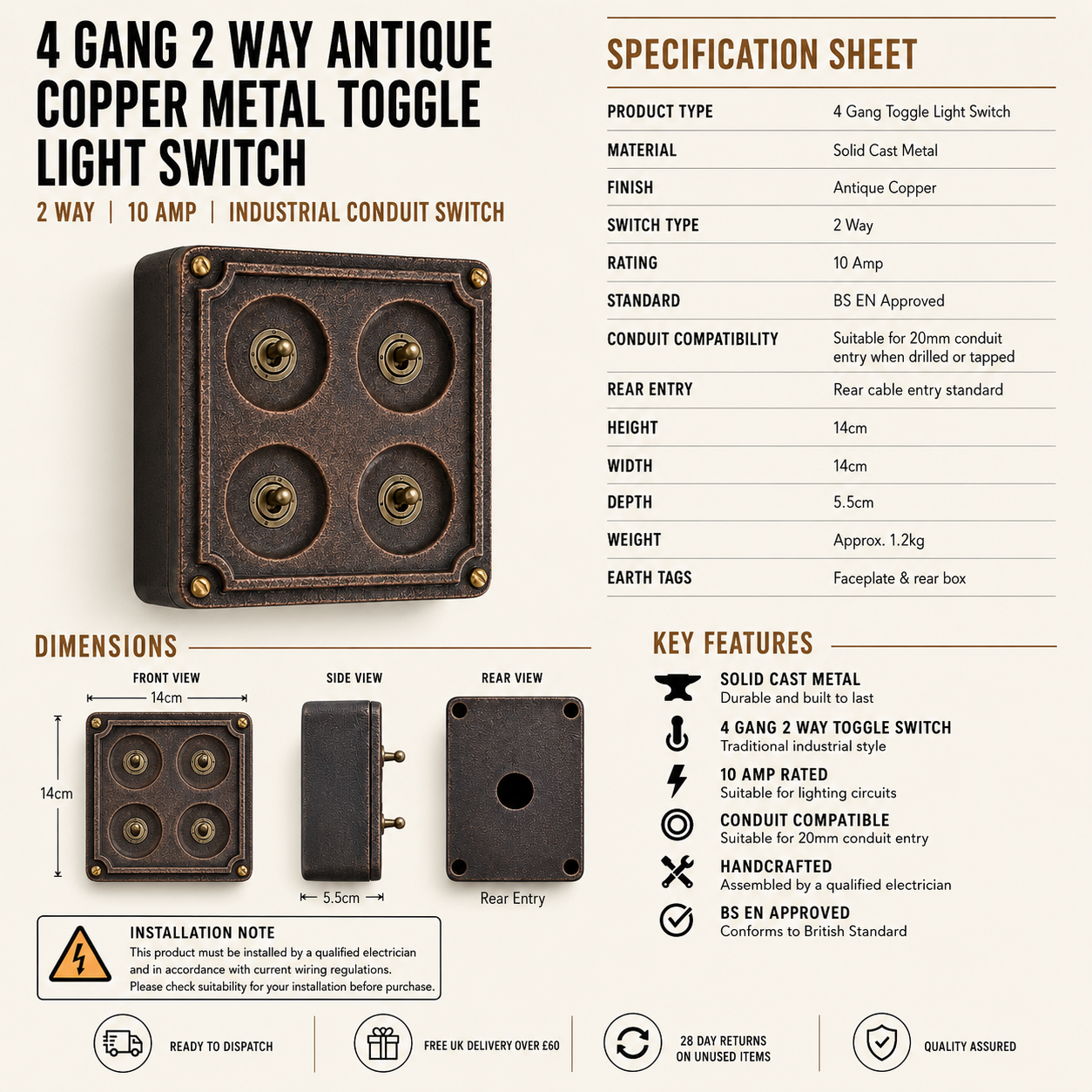 4 Gang 2 Way Antique Copper Conduit Toggle Light Switch | Solid Cast Metal