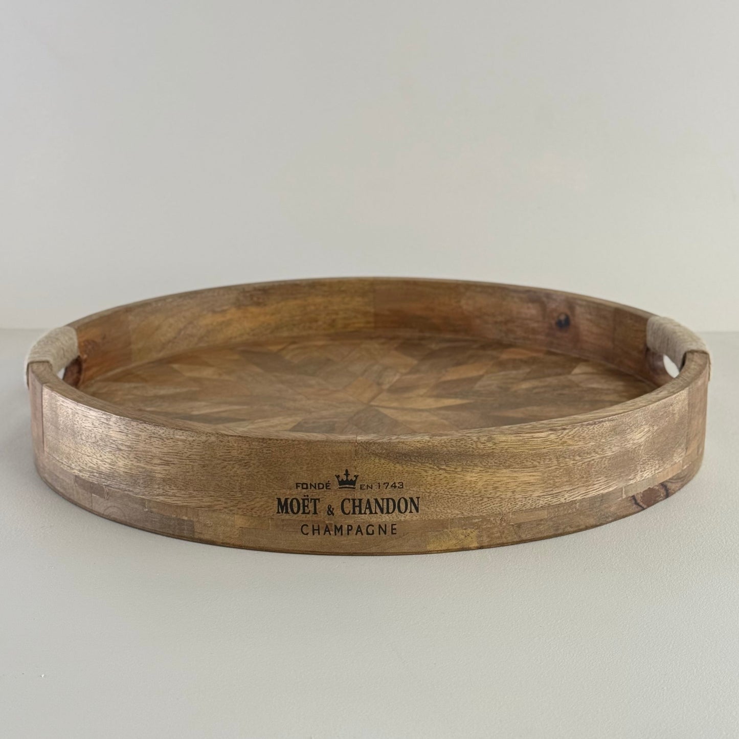 Moët & Chandon Champagne Medium Round Wooden Serving Tray Natural Wooden Patchwork