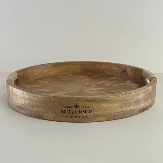 Moët & Chandon Champagne Medium Round Wooden Serving Tray Natural Wooden Patchwork