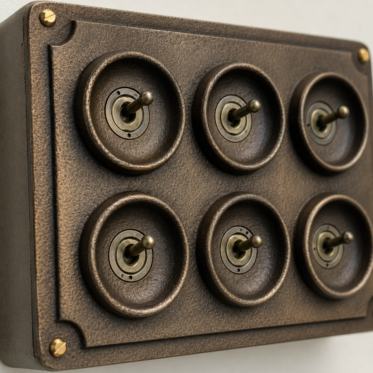 6 Gang 2 Way Antique Brass Solid Cast Metal Conduit Light Switch | Vintage Crabtree Style