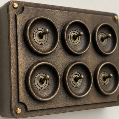 6 Gang 2 Way Antique Brass Solid Cast Metal Conduit Light Switch | Vintage Crabtree Style