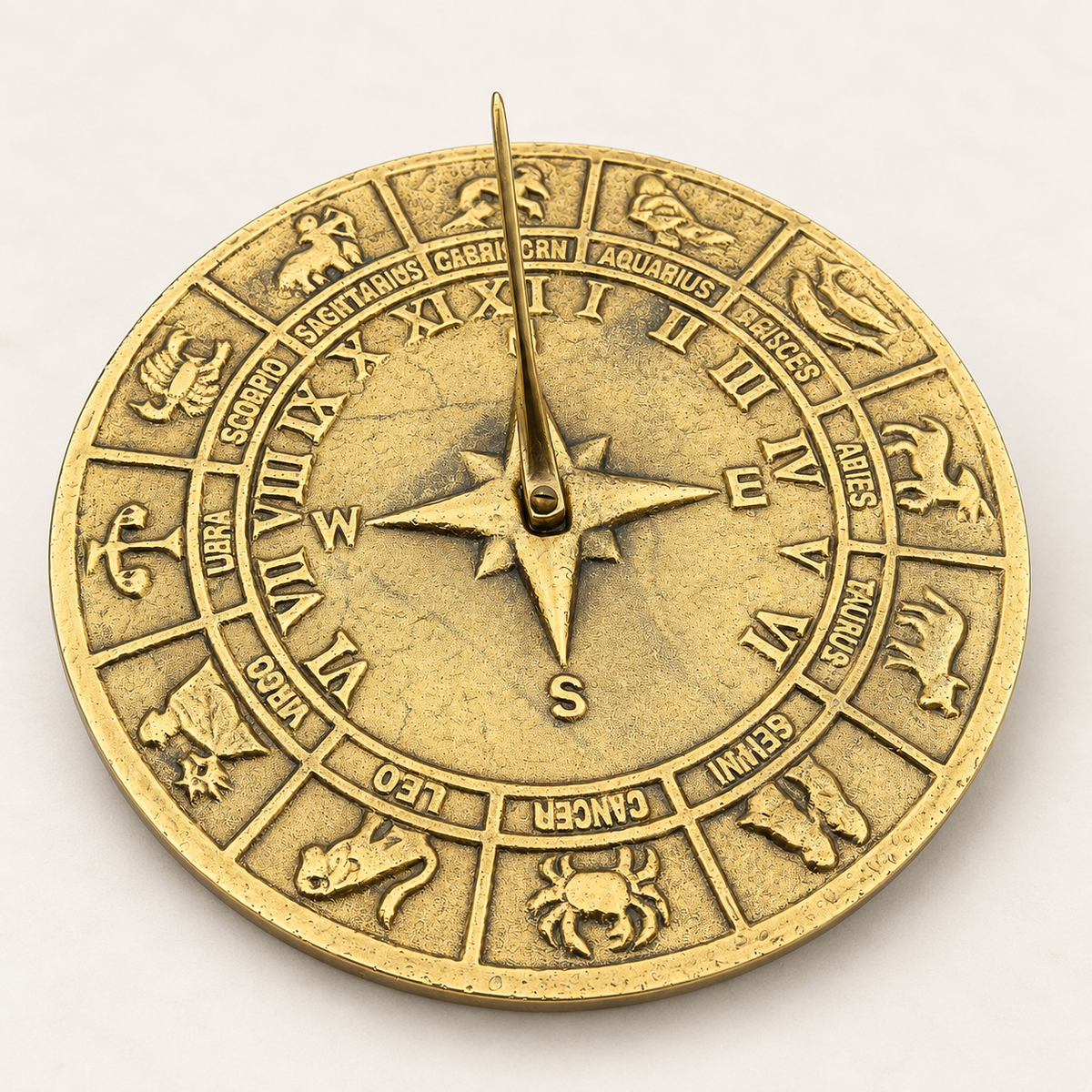 Zodiac Solid Brass and Patina Sculpture Sun Dial Watch Clock