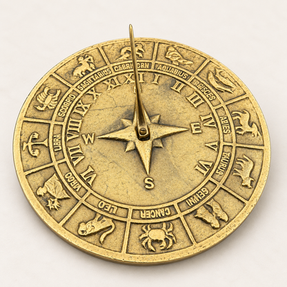 Zodiac Solid Brass and Patina Sculpture Sun Dial Watch Clock