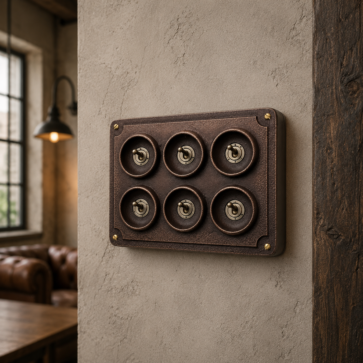 6 Gang 2 Way Antique Copper Conduit Toggle Light Switch | Solid Cast Metal