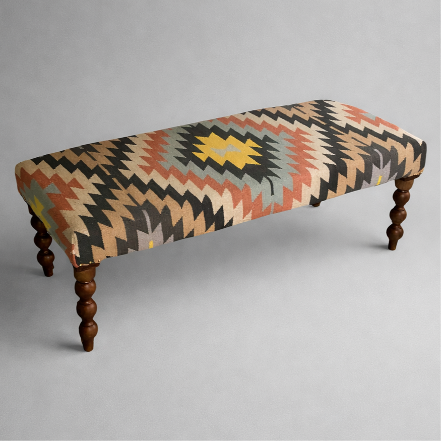 Geometric Kilim Ottoman Bench Stool Solid Handcrafted
