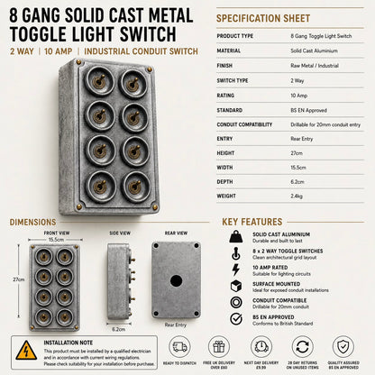 8 Gang 2 Way Toggle Light Switch | Cast Aluminium Surface Mounted Industrial Conduit Switch