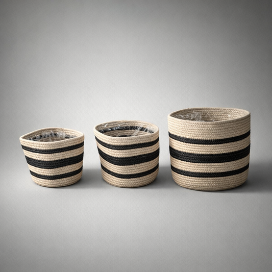 Handwoven Stripe Basket Planter Set (3pc) - Natural Fibre with Liner