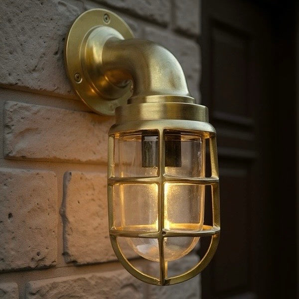 Brass caged wall light, outside porch