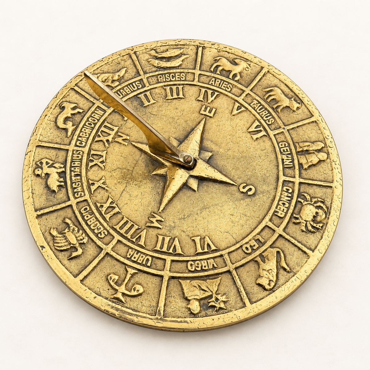 Zodiac Solid Brass and Patina Sculpture Sun Dial Watch Clock