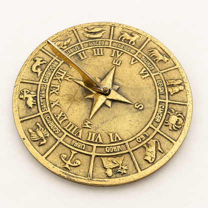 Zodiac Solid Brass and Patina Sculpture Sun Dial Watch Clock