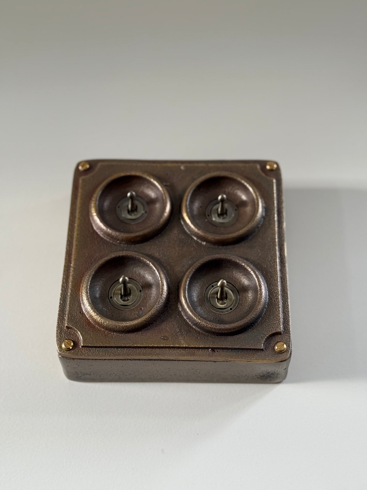 4 Gang 2 Way Solid Antique Brass Bronze Metal Surface Mounted Conduit Light Switch Industrial - BS EN Approved Vintage Crabtree 1950’s Style