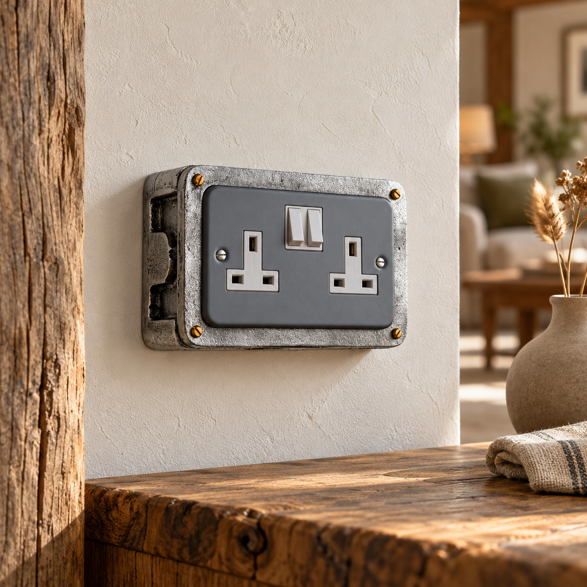 Grey Metal Clad Double Switched 13A Power Socket 230V Industrial Conduit