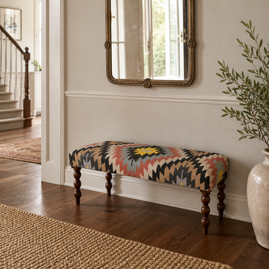Geometric Kilim Ottoman Bench Stool | Handwoven Wool & Cotton | 121cm