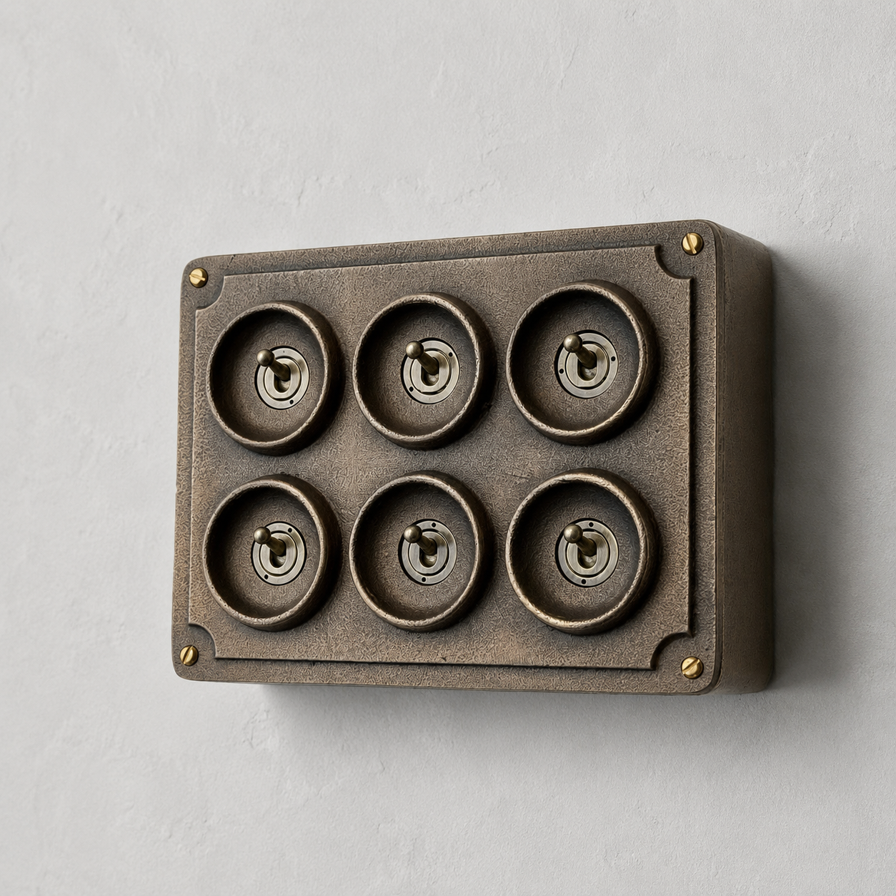 6 Gang 2 Way Antique Brass Solid Cast Metal Conduit Light Switch | Vintage Crabtree Style