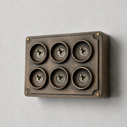 6 Gang 2 Way Antique Brass Solid Cast Metal Conduit Light Switch | Vintage Crabtree Style