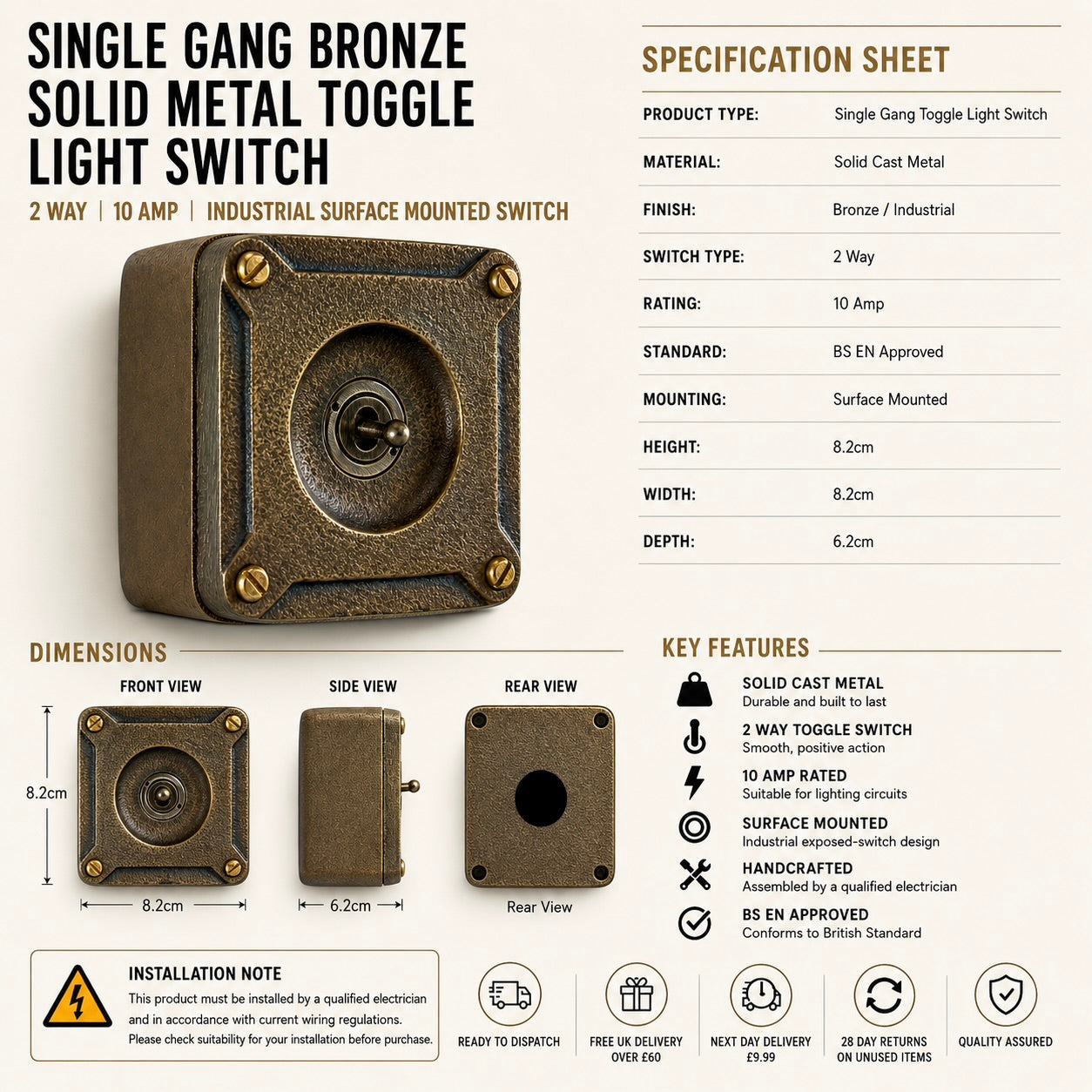 Single Gang Bronze Solid Cast Metal Surface Mounting Light Switch Industrial 2 Way - BS EN Approved Vintage Britmac Style