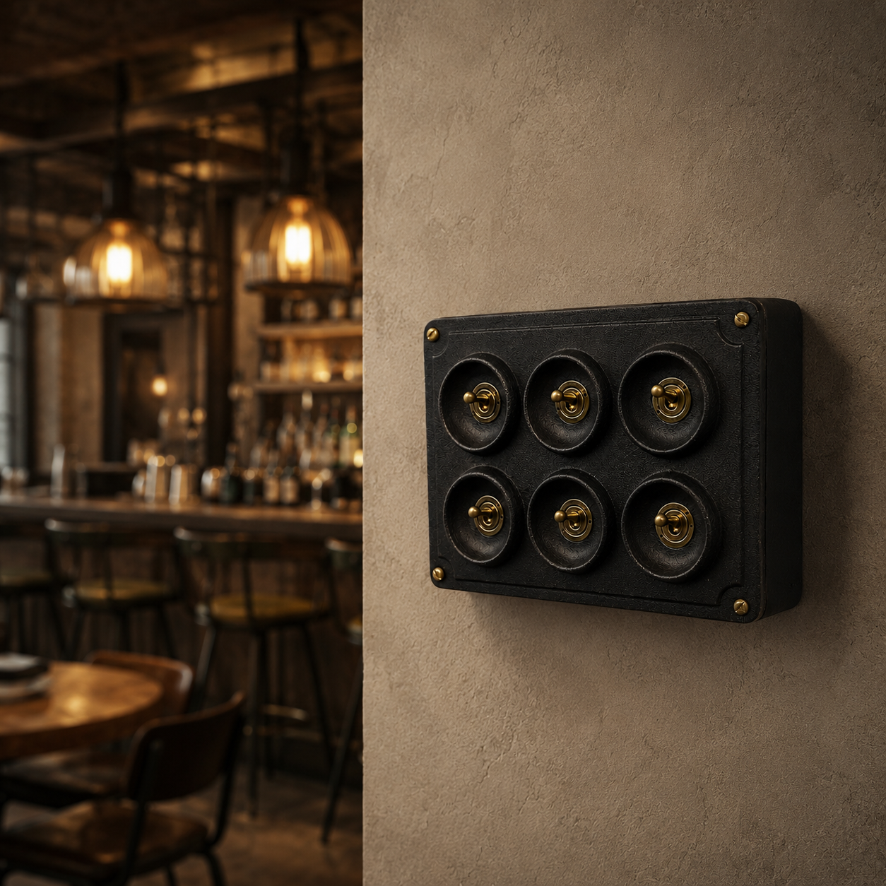 6 Gang 2 Way Matt Black Metal Toggle Light Switch | Surface Mounted Industrial Conduit