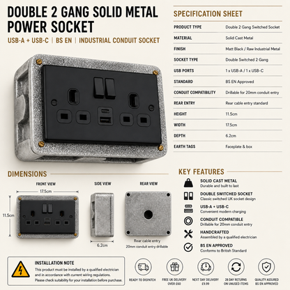 Matt Black Double Switched Solid Cast Metal Conduit 2-Gang Socket + 2 Outlet Type A & C USB Charger