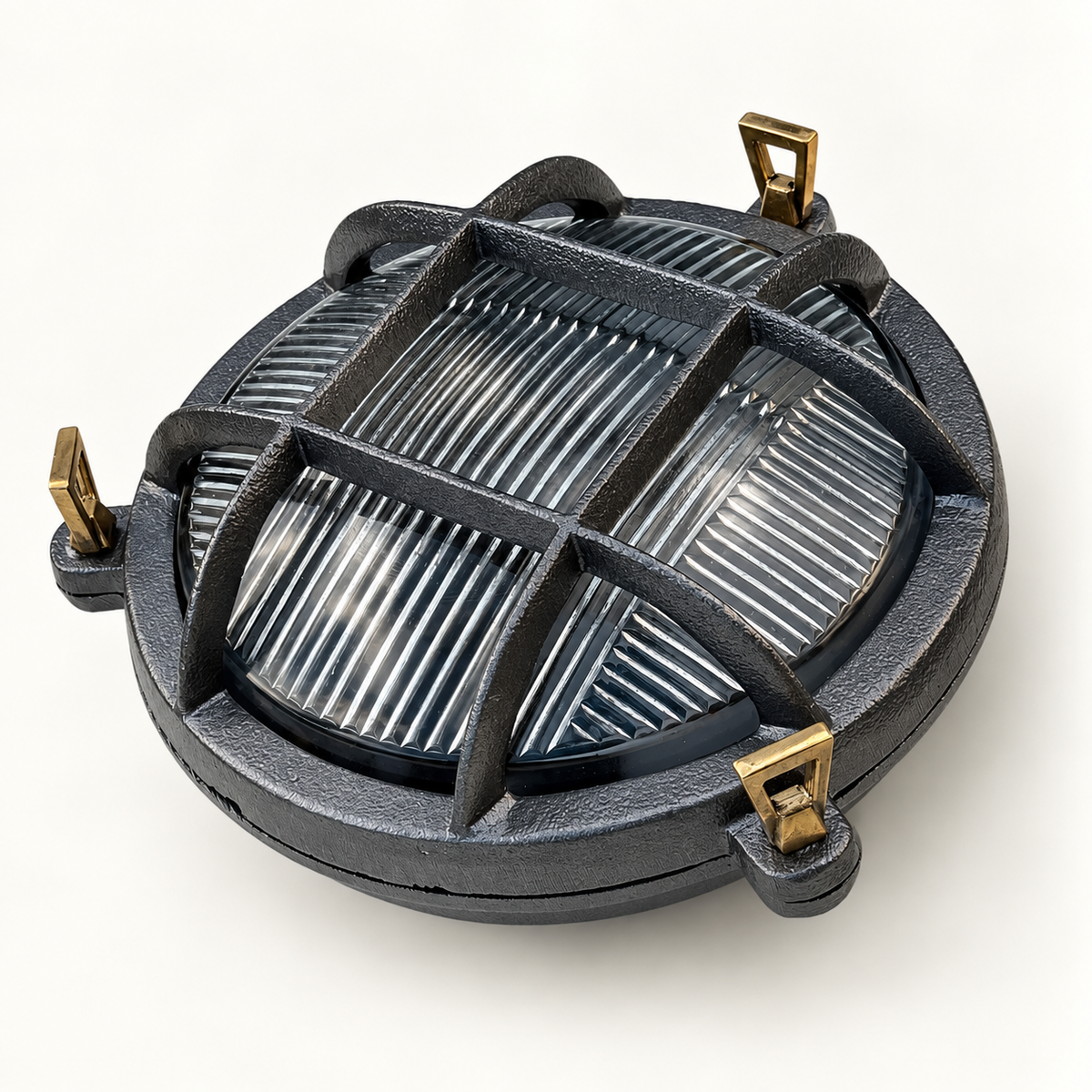 A round dark grey cast style outdoor light fixture with a protective cage and gold-toned mounting brackets, shown on a clean white background.