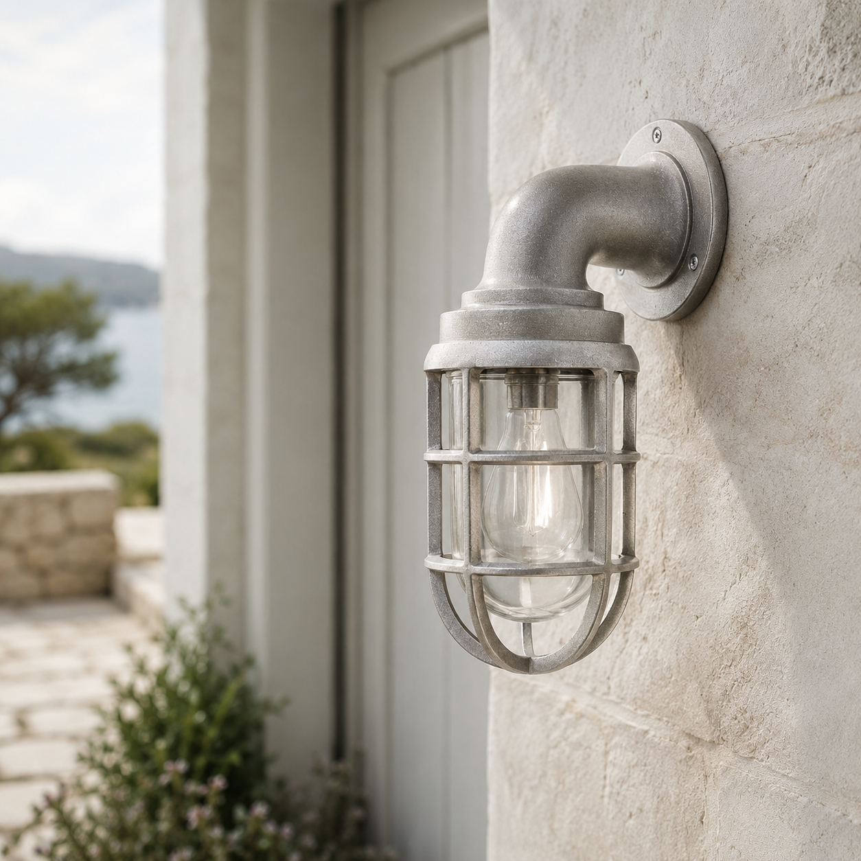 Beachamwell - Raw Cast Aluminium Caged Bulkhead Wall Light | Outdoor & Bathroom | 10.5 Inch