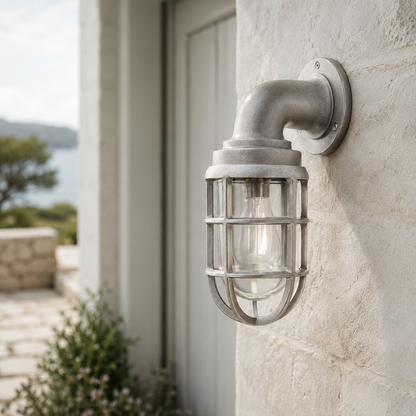 Beachamwell - Raw Cast Aluminium Caged Bulkhead Wall Light | Outdoor & Bathroom | 10.5 Inch