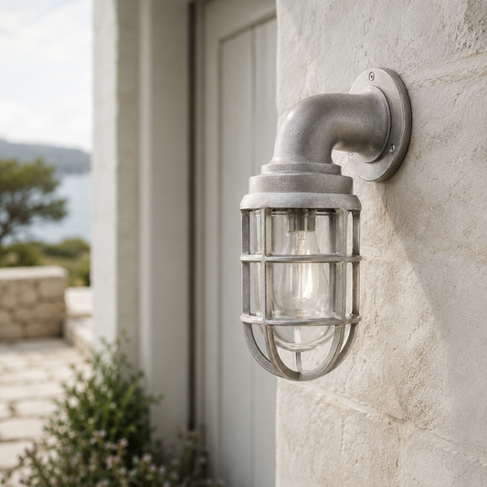 Beachamwell - Raw Cast Aluminium Caged Bulkhead Wall Light | Outdoor & Bathroom | 10.5 Inch
