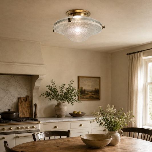 Houghton - Flush Mount Holophane Glass Ceiling Light | Solid Brass Prismatic Vintage Art Deco Light