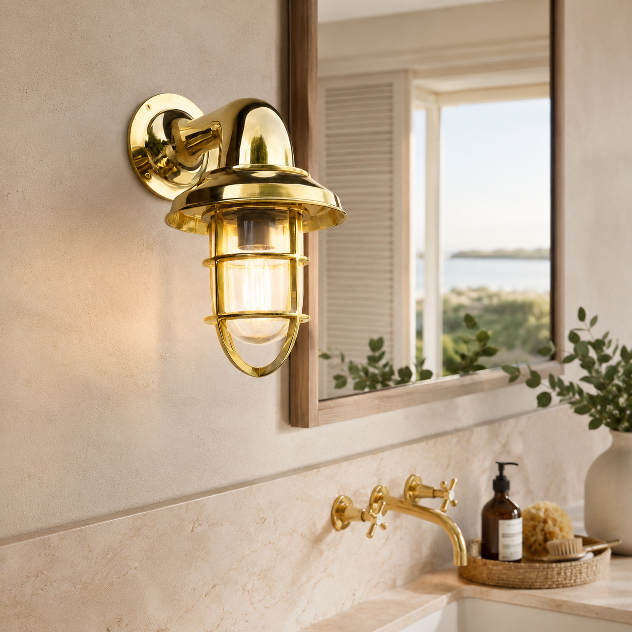 Wells - Solid Brass Caged Swan Neck Outdoor & Bathroom Wall Light