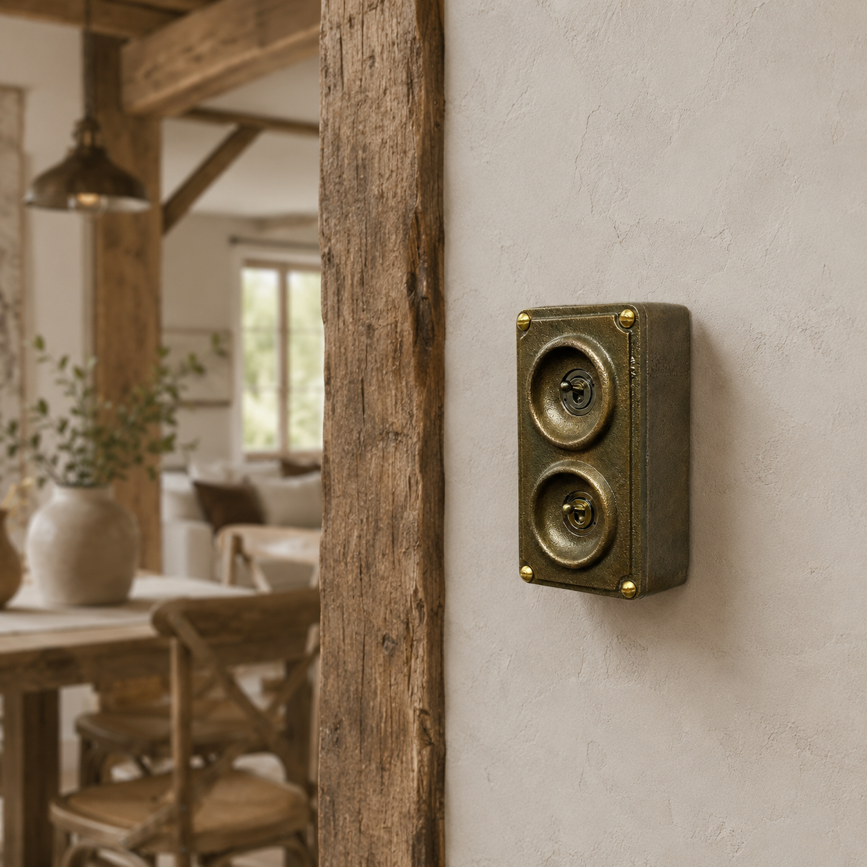 Antique Brass 2 Gang 2 Way Solid Cast Metal Conduit Light Switch | Industrial Surface Mount