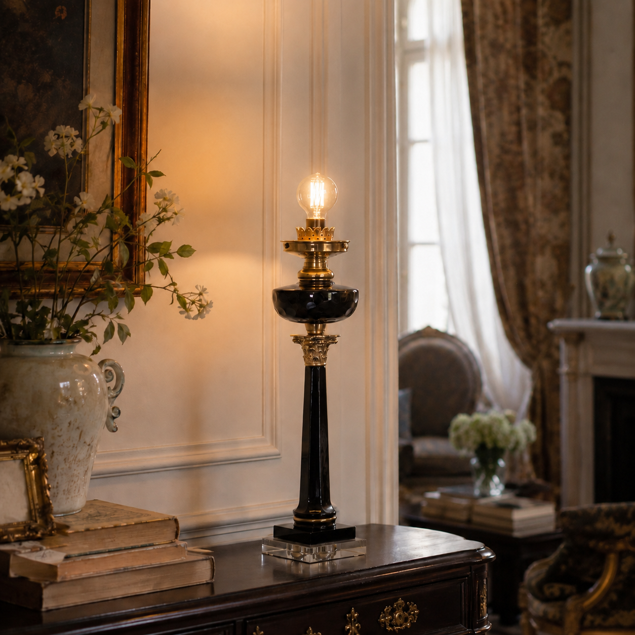French Style Solid Brass & Black Glass Table Lamp Bedside Reading Light