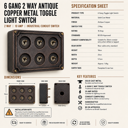 6 Gang 2 Way Antique Copper Toggle Light Switch | Solid Cast Metal Conduit Style