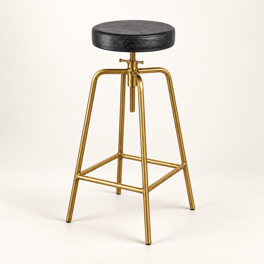Antique Brass & Black Leather Adjustable Bar Stool
