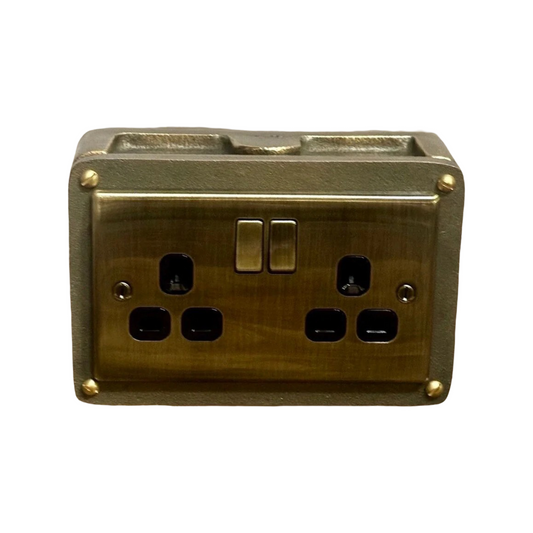 Antique Brass Double Switched 13A Power Socket 230V 13A 2 Gang 2G  Solid Cast Metal Conduit Switch Industrial - BS EN Approved