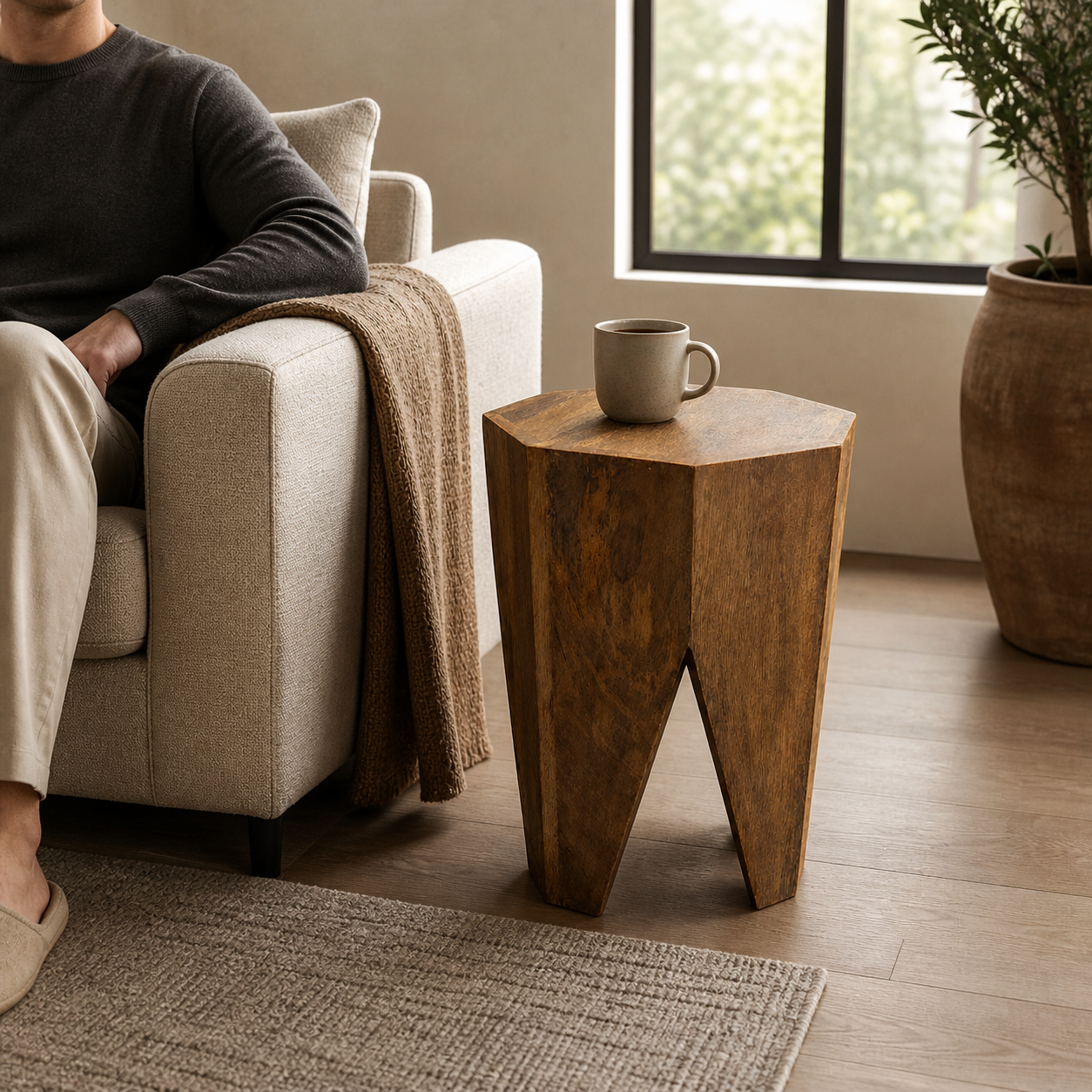 Solid Mango Wood Side Table | Retro Carved Coffee Table Stool