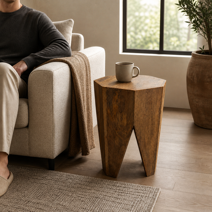 Solid Mango Wood Side Table | Retro Carved Coffee Table Stool