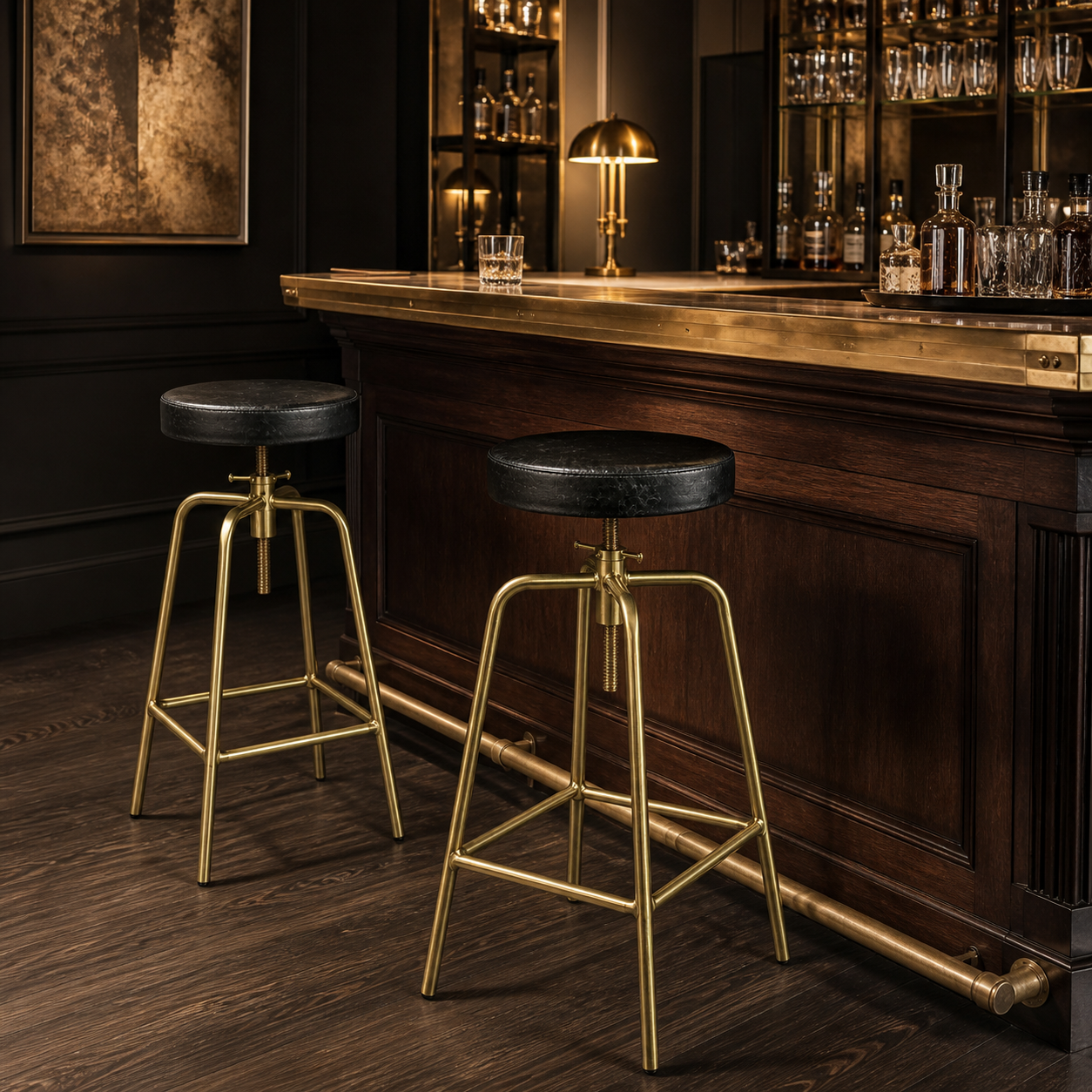 Brass Bar Adjustable Stool Black Leather Top Seat | Vintage Industrial Style