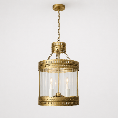 Antique Brass Ribbed Glass Hanging Pendant Lantern Ceiling Light