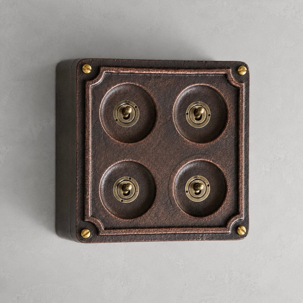 4 Gang 2 Way Antique Copper Conduit Toggle Light Switch | Solid Cast Metal