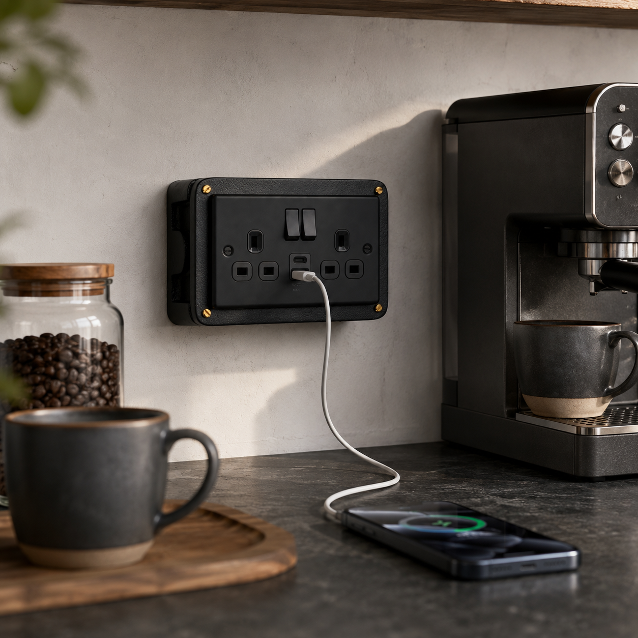 Matt Black Double Switched Solid Cast Metal Conduit 2-Gang Socket + 2.4A 12W 2 Outlet Type A & C USB Charger