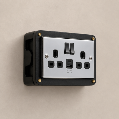 Black Double Switched Black Nickel Power Socket 230V 2 Gang Solid Cast Metal Conduit Switch