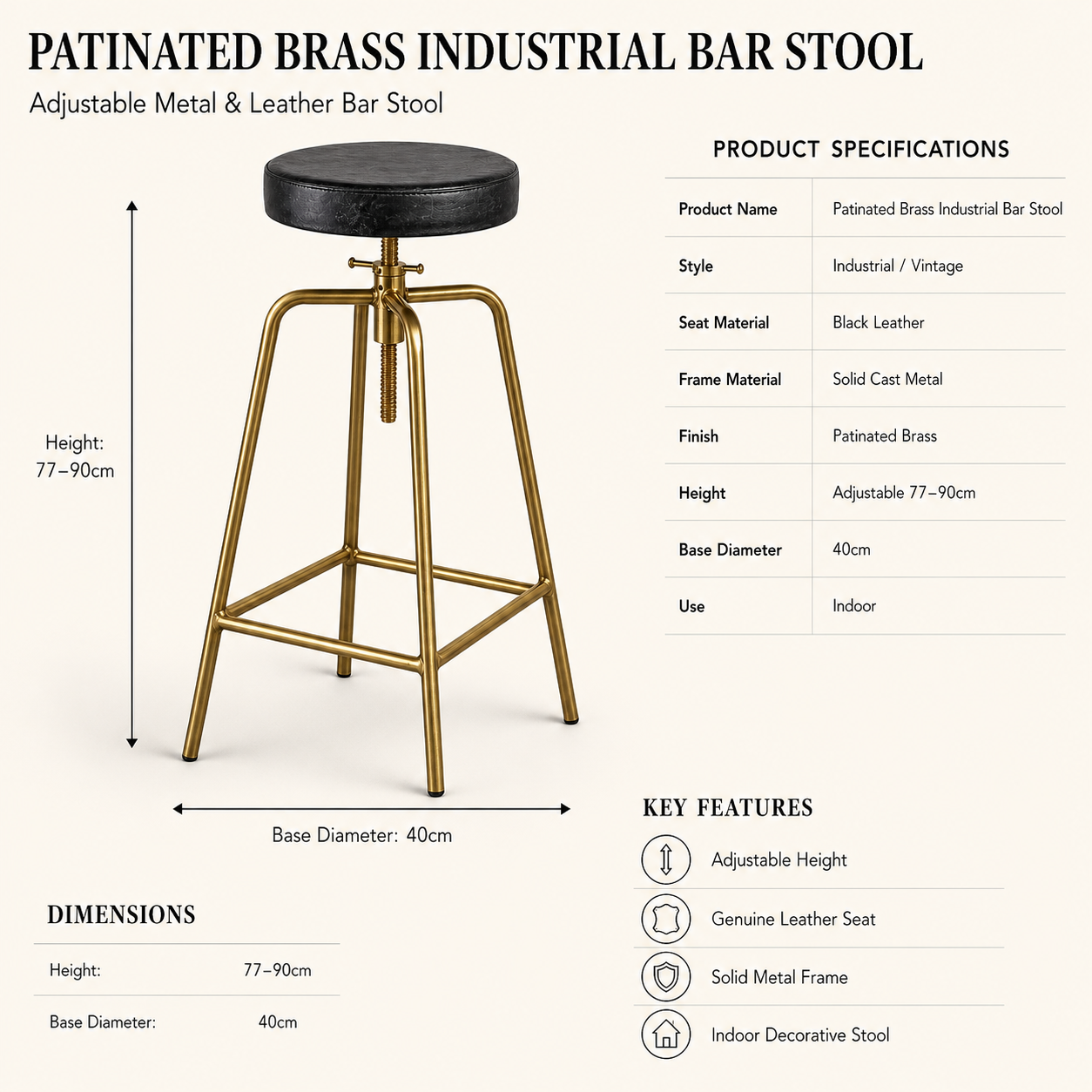 Patinated Brass & Black Leather Adjustable Industrial Bar Stool