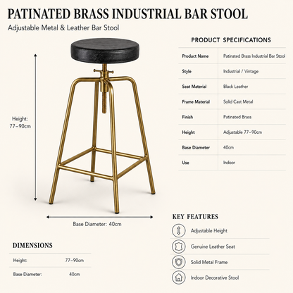 Patinated Brass & Black Leather Adjustable Industrial Bar Stool