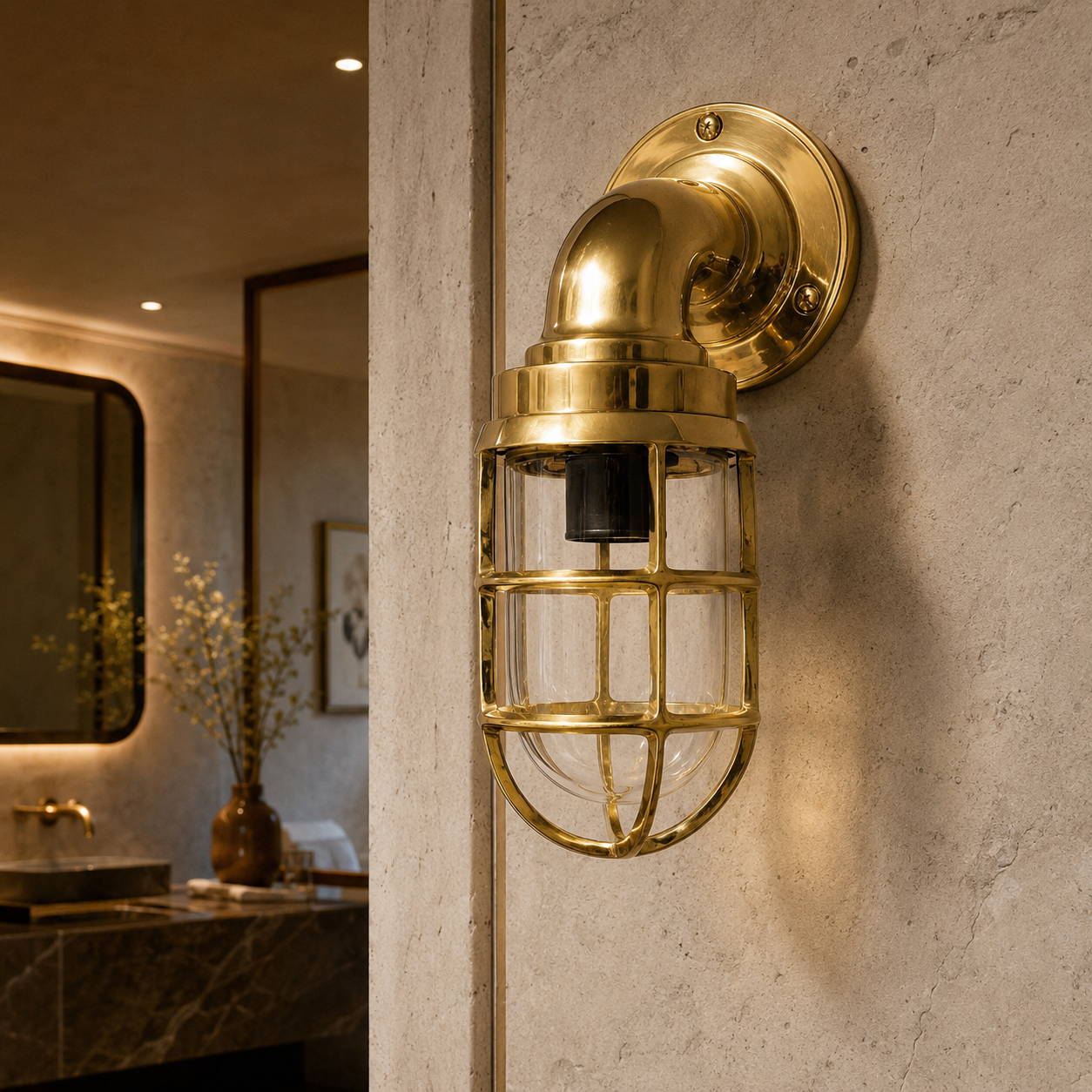 Beachamwell - Solid Brass Caged Swan Neck Outdoor & Bathroom Wall Light - 10.5 Inch