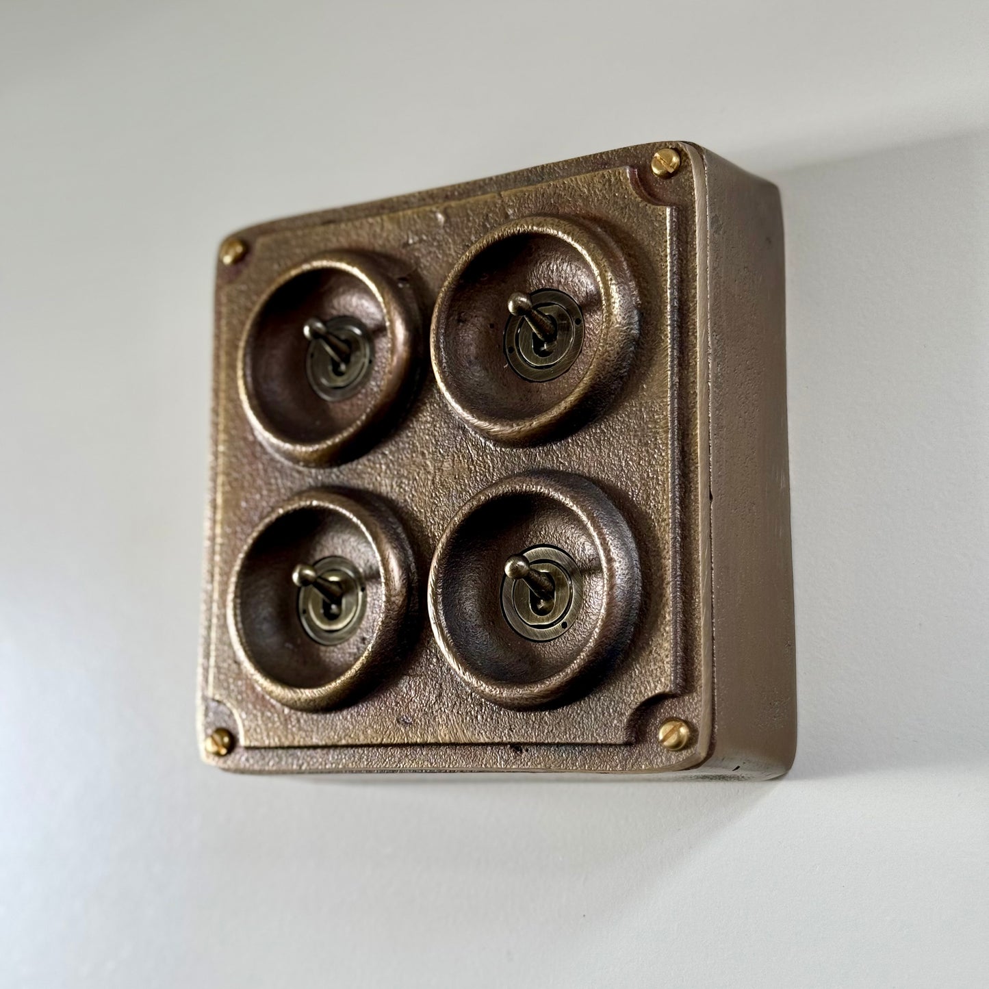 4 Gang 2 Way Solid Antique Brass Bronze Metal Surface Mounted Conduit Light Switch Industrial - BS EN Approved Vintage Crabtree 1950’s Style